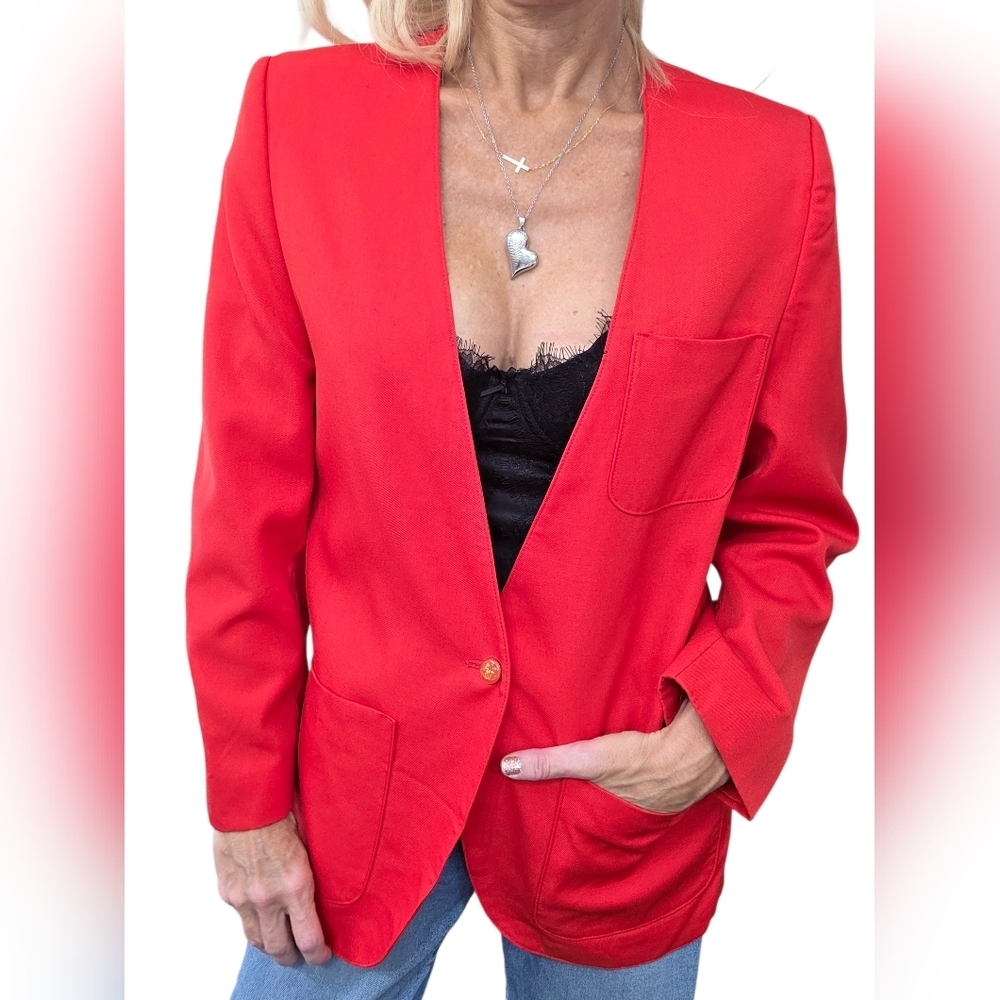 Vintage 80s Red Wool Blend Gold Button Power Blazer Made in England 8